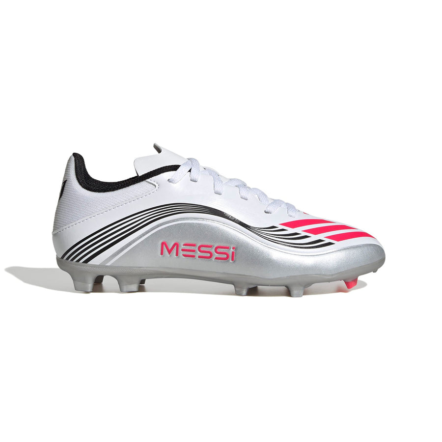 Botas de fútbol adidas F50 League Messi FG/MG Júnior - Blanco/Rojo lúcido/Plata metalizado