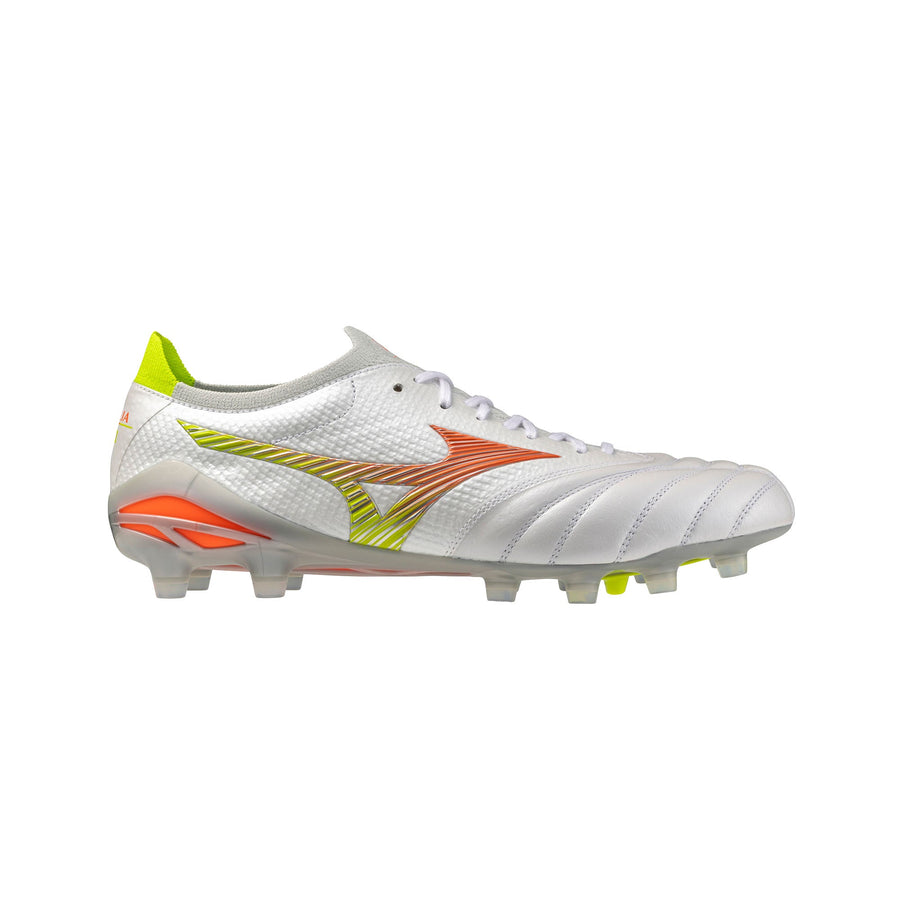 Botas de fútbol Mizuno Morelia Neo V Beta FG/AG (Hechas en Japón) - Blanco/Naranja Lava/Onagra