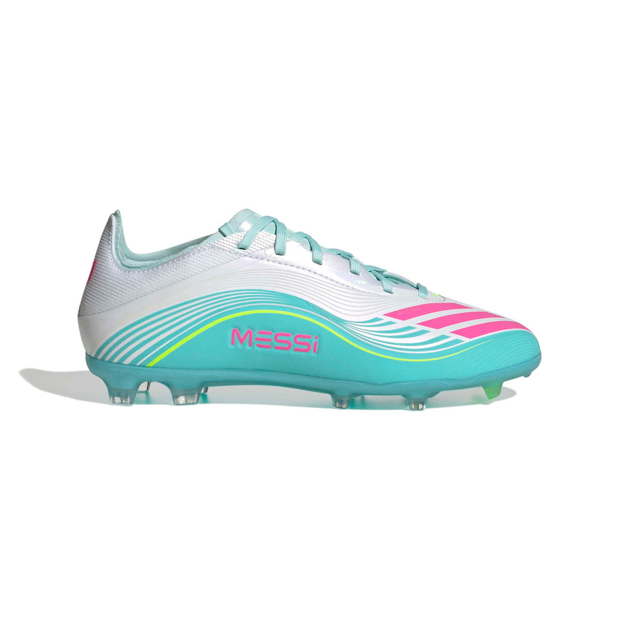 Botas de fútbol adidas F50 Elite Messi FG/AG Jnr - Blanco Ftwr/Rosa Lúcido/Aqua Flash