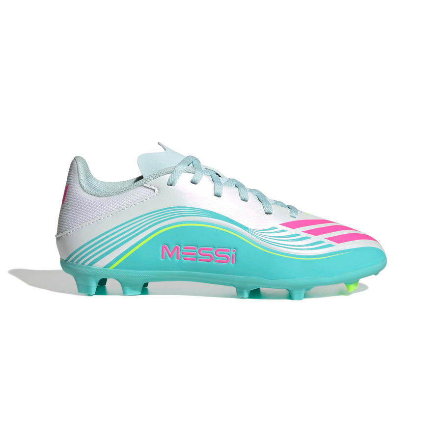Botas de fútbol adidas F50 League Messi FG/MG Jnr - Blanco Ftwr/Rosa Lúcido/Aqua Flash