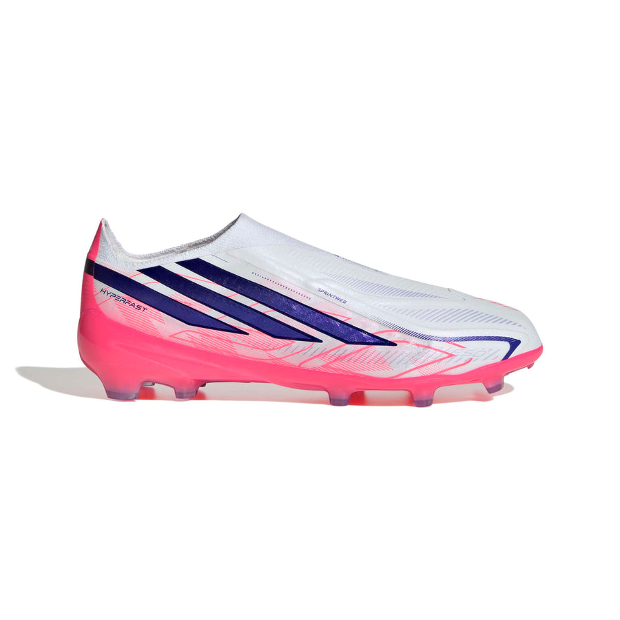 Botas de fútbol sin cordones para niño adidas F50 Hyperfast Elite FG/AG - Blanco Ftwr/Morado Solar/Turbo Solar
