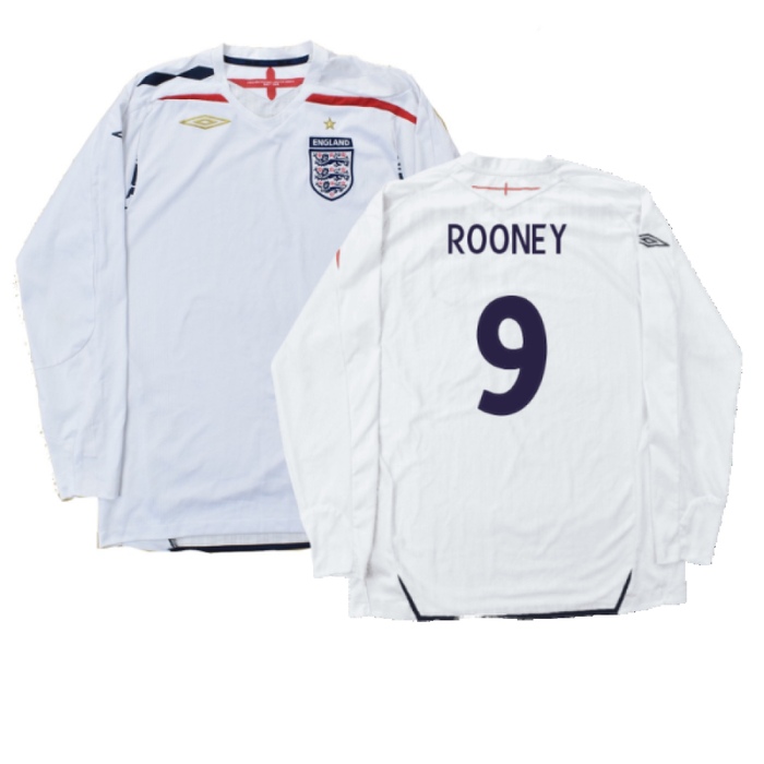 England 2007-09 Long Sleeve Home Shirt (XXL) (Very Good) (ROONEY 9)